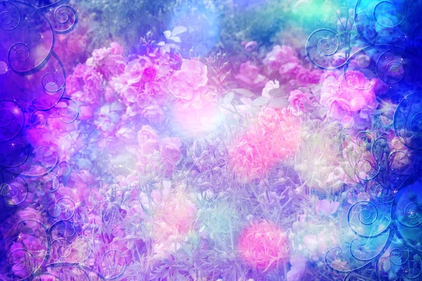 美丽的玫瑰艺术梦幻背景景灯与花卉框架 — 图库照片