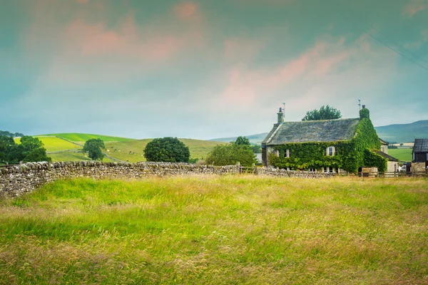 Hermosa casa de campo inglesa antigua con rosas trepadoras, Yorkshire, Inglaterra —  Fotos de Stock