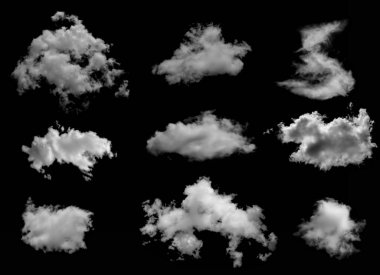 Siyah arkaplanda beyaz bulutlar izole, blac üzerinde kumaşlar ayarlandı