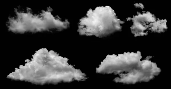 Білі Хмари Ізольовані Чорному Тлі Накидки Встановлені Чорному — стокове фото