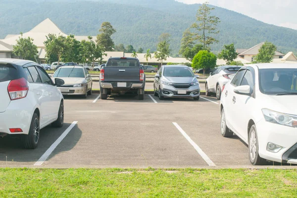 Car parked in asphalt parking lot and empty space for car park in nature with trees and mountain background. Outdoor parking lot with fresh ozone and eco friendly green environment concep