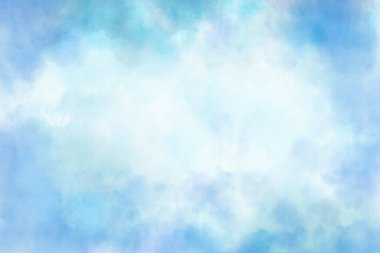 Suluboya resimleme bulutlu sanat soyut mavi renk çerçeve dokusu arka plan, bulutlar ve gökyüzü deseni. Duvar kağıdı afişi ve desen için suluboya kağıt üzerinde el boyası desenli suluboya leke