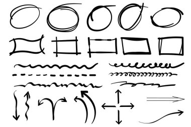 Çizgi işaretleyici vuruşu, ok yönü, yuvarlak çember ve dikdörtgen çerçeve, el çizimi, vektör illüstrasyonu ile Infographic doodle doodle vektör unsurları