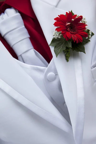 赤い花と白い結婚式新郎コート — ストック写真