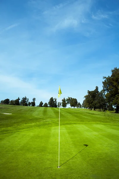 Bandeira de golfe em buraco verde — Fotografia de Stock