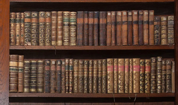 Vecchi libri in una biblioteca di legno — Foto Stock