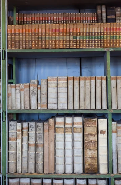 Történelmi régi könyvek, a könyvtár, fa könyvespolc — Stock Fotó