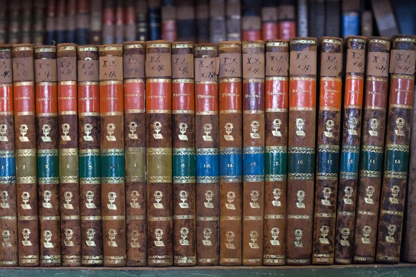 Historic old book in library, wooden bookshelf — Stock Photo, Image