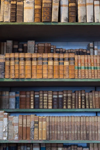 Historische oude boeken in bibliotheek houten boekenkast — Stockfoto