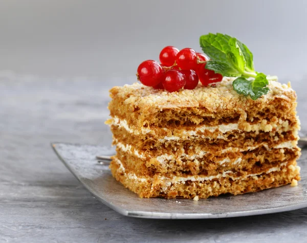 Portioned dessert piece of cake with cream and berries — Stock Photo, Image