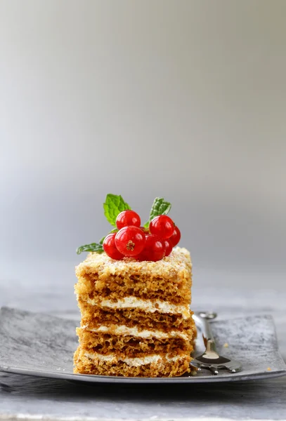 Pedaço de sobremesa porcionado de bolo com creme e bagas — Fotografia de Stock