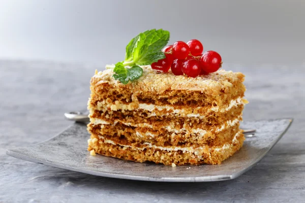 Portioned dessert piece of cake with cream and berries — Stock Photo, Image