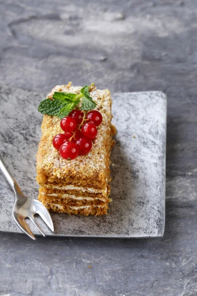 Pedaço de sobremesa porcionado de bolo com creme e bagas — Fotografia de Stock