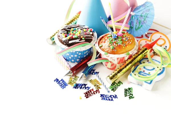 Festive set for birthday party - candles, fireworks, desserts — Stock Photo, Image