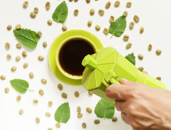 coffee pattern green coffee beans and mint leaves