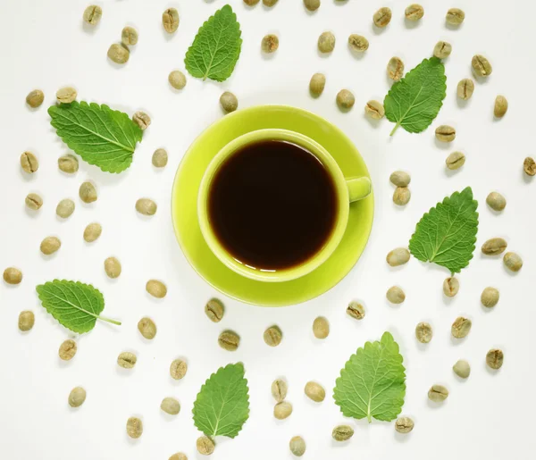 coffee pattern green coffee beans and mint leaves