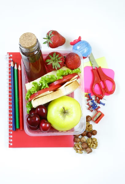 Almuerzo escolar saludable con manzana, frutos secos, bayas y sándwich — Foto de Stock