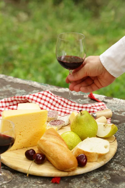 Tabla de quesos con peras y vino en una mesa en el jardín — Foto de Stock