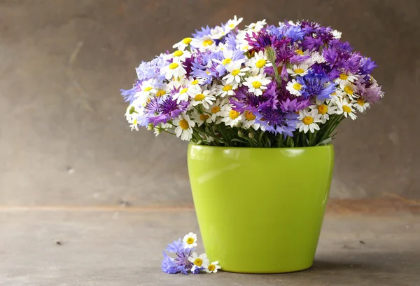 Ramo de flores silvestres - margaritas y acianos en un jarrón —  Fotos de Stock