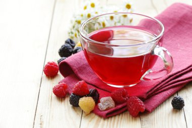 bir cam bardak ve taze çilek kiraz meyve çayı