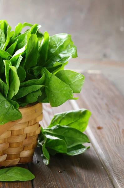 Natural organic green spinach on a wooden table — Stock Photo, Image