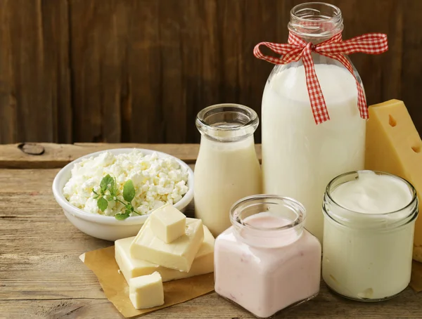 Productos lácteos ecológicos - leche, crema agria, requesón, yogur — Foto de Stock