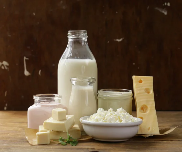 Produtos lácteos orgânicos - leite, nata azeda, queijo cottage, iogurte — Fotografia de Stock