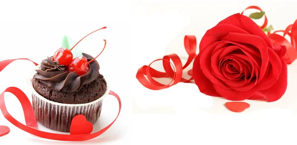 Schokoladen-Cupcake und rote Rose zum Valentinstag — Stockfoto