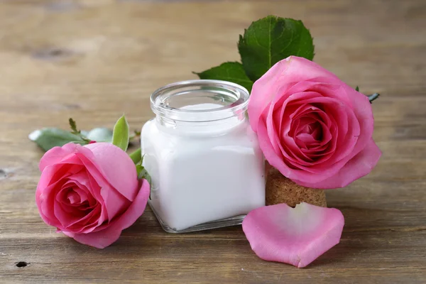 Natural organic cosmetics cream and rose water — Stock Photo, Image