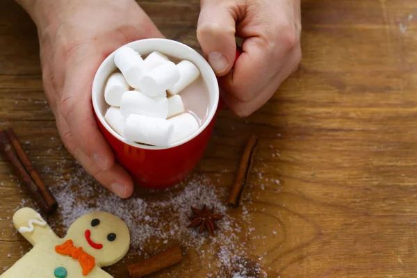 man holding a mug hot cocoa with marshmallows, winter Christmas drink