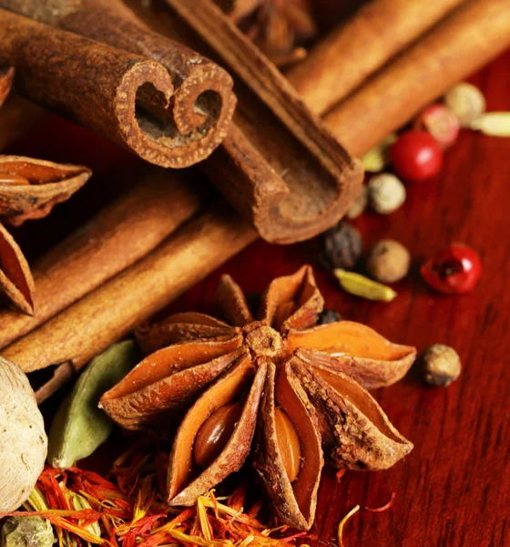 Set of different spices (saffron, cinnamon, anise) — Stock Photo, Image