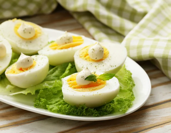 Natural organic boiled eggs with mayonnaise — Stock Photo, Image