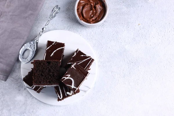 Chocolate Brownie Cake Ganache Plate — Stock Photo, Image