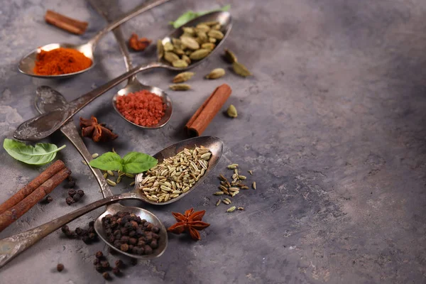 Various Spices Spoons Dark Background — Stock Photo, Image