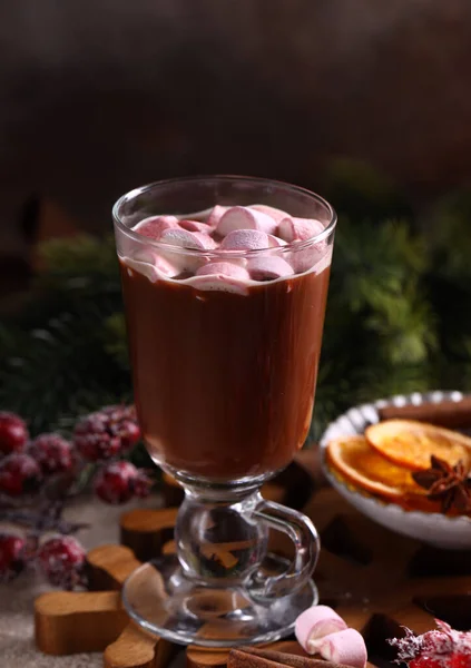 Chocolate Caliente Con Malvaviscos Para Postre Navidad — Foto de Stock