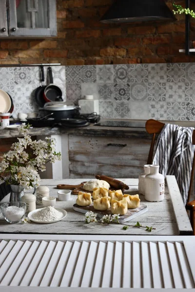 Cocina Rústica Cocina Comida Masa Hornear Albóndigas — Foto de Stock