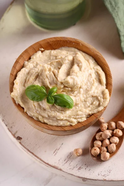 Hummus Tradicional Fresco Feito Grão Bico Azeite — Fotografia de Stock