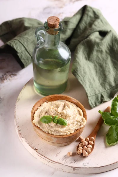 Hummus Tradicional Fresco Feito Grão Bico Azeite — Fotografia de Stock