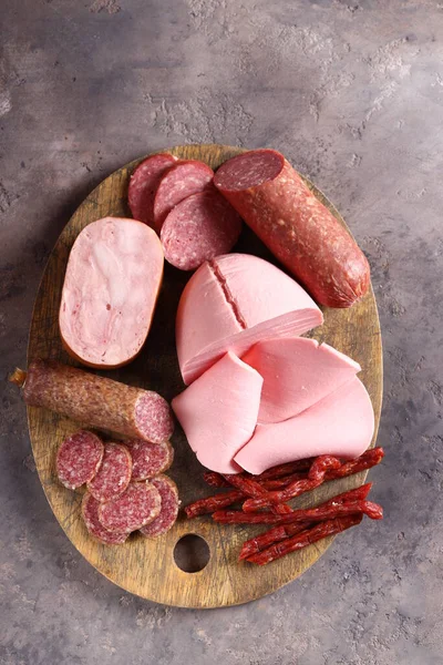 Auswahl Wurst Und Schinken Auf Holzboden Antipasti Vorspeise — Stockfoto