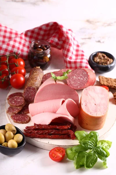 Assortment Sausages Ham Wooden Background Antipasti Appetizer — Stock Photo, Image