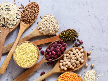 tahta kaşıklar, sağlıklı gıda, çeşitli hububat ürünleri