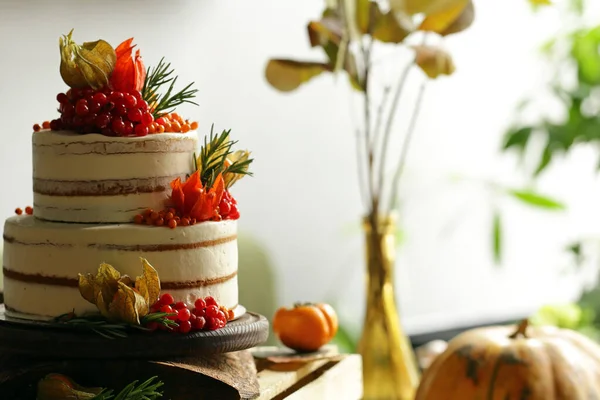 Bolo Festivo Com Decoração Outono Para Dia Ação Graças — Fotografia de Stock