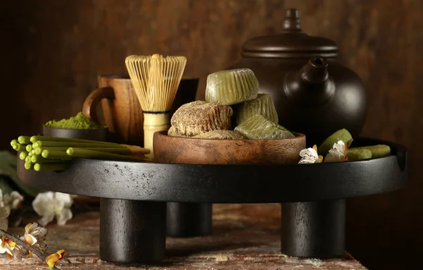 Traditional Japanese Sweets Mochi Wooden Plate — Stock Photo, Image