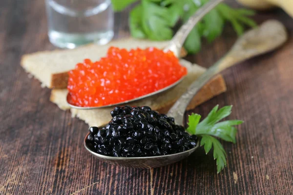 Delicias tradicionales rusas caviar rojo y negro — Foto de Stock