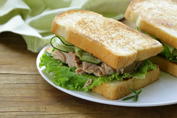 Бутерброд з тунцем зі свіжим огірком та зеленим салатом — стокове фото