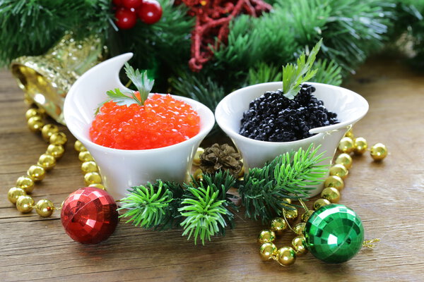 Festive appetizer delicacy red and black caviar, Christmas Still Life
