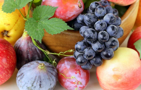 Ürün yelpazesine sonbaharda hasat meyve (üzüm, incir, elma, Erik) — Stok fotoğraf