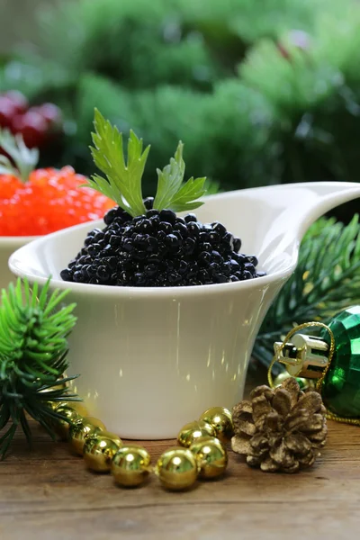 Festive appetizer delicacy red and black caviar, Christmas Still Life — Stock Photo, Image
