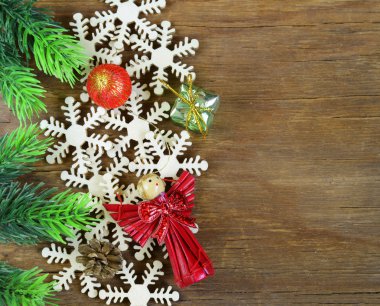 Noel arka plan dekorasyon ve ahşap kar taneleri