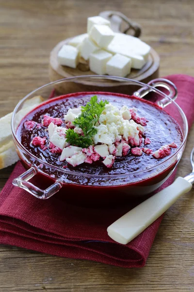 Vegetable cream soup of beetroot with soft goat cheese — Stock Photo, Image